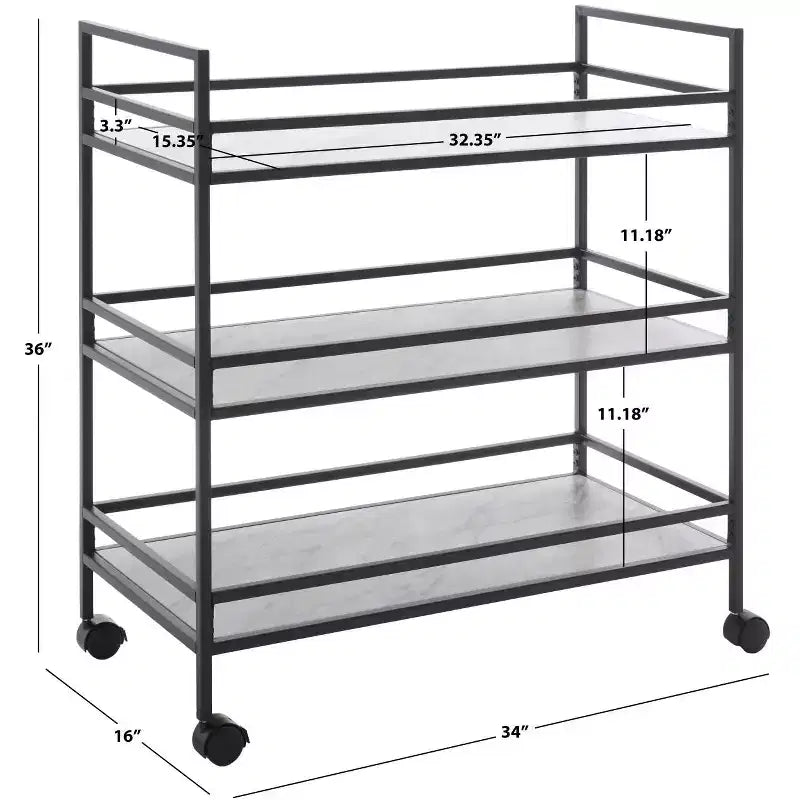 3-Tier Bar Serving Cart with Faux Marble Shelves and Casters