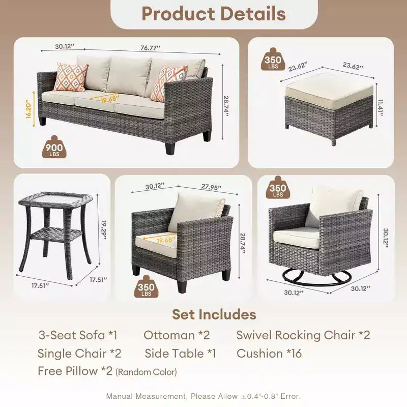 Ensemble de canapé convivial d’extérieur Ovios Tampa en résine tressée, 8 pièces, avec fauteuils pivotants et coussins