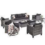 Ensemble de canapé convivial d’extérieur Ovios Tampa en résine tressée, 8 pièces, avec fauteuils pivotants et coussins