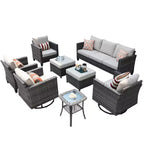Ensemble de canapé convivial d’extérieur Ovios Tampa en résine tressée, 8 pièces, avec fauteuils pivotants et coussins