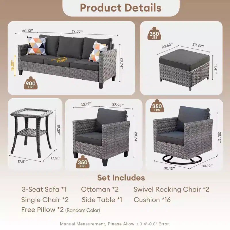 Ensemble de canapé convivial d’extérieur Ovios Tampa en résine tressée, 8 pièces, avec fauteuils pivotants et coussins
