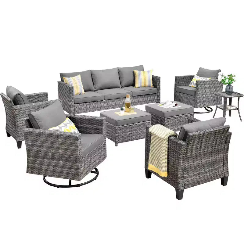 Ensemble de canapé convivial d’extérieur Ovios Tampa en résine tressée, 8 pièces, avec fauteuils pivotants et coussins