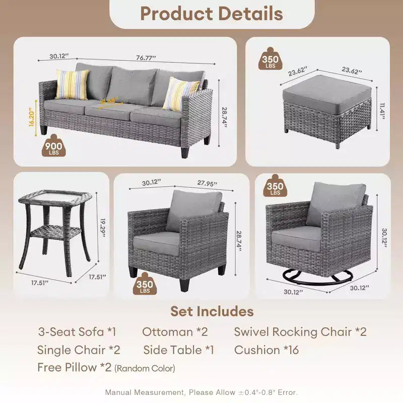Ensemble de canapé convivial d’extérieur Ovios Tampa en résine tressée, 8 pièces, avec fauteuils pivotants et coussins