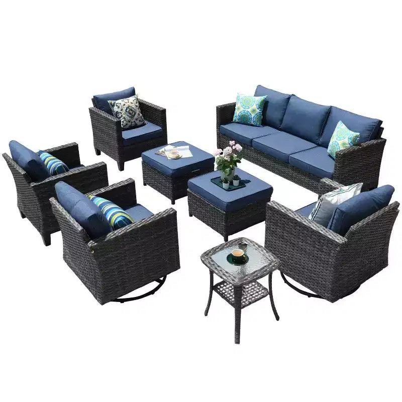 Ensemble de canapé convivial d’extérieur Ovios Tampa en résine tressée, 8 pièces, avec fauteuils pivotants et coussins