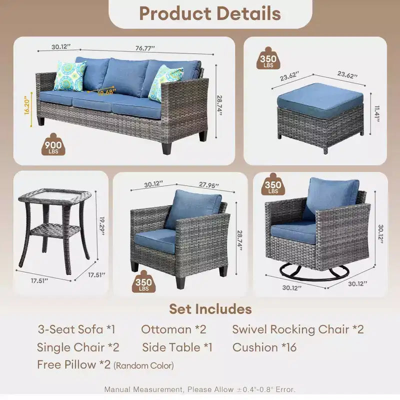 Ensemble de canapé convivial d’extérieur Ovios Tampa en résine tressée, 8 pièces, avec fauteuils pivotants et coussins